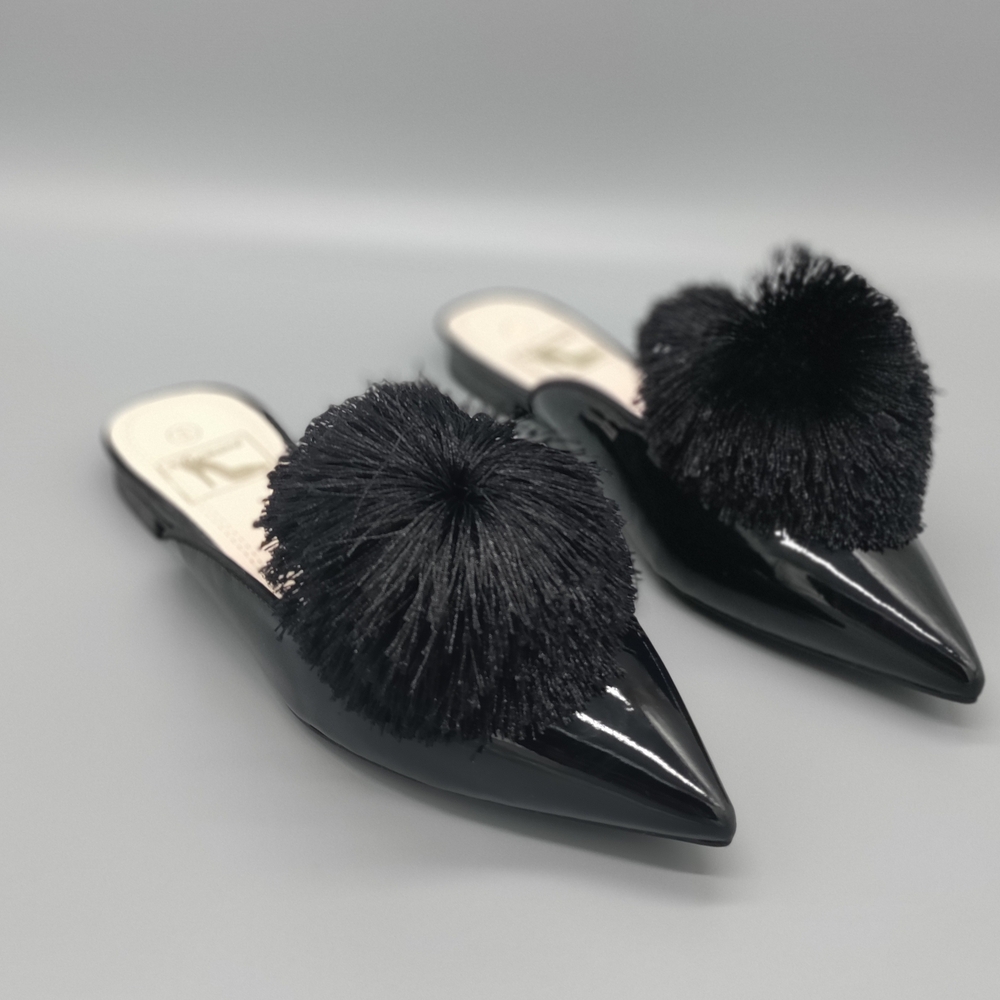 Chic Black Mules with Pom-Pom Accent